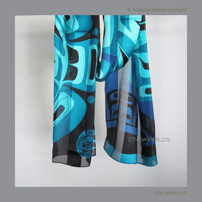 Native Art "Moon Mask" Silk Scarf (Turquoise/Blue)