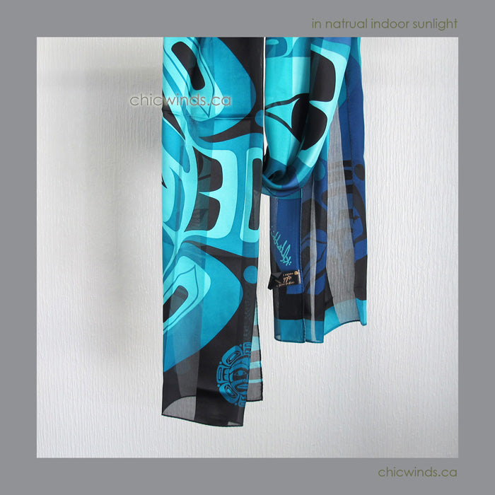 Native Art "Moon Mask" Silk Scarf (Turquoise/Blue)