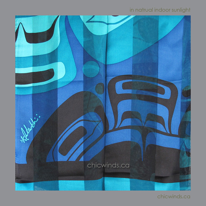 Native Art "Moon Mask" Silk Scarf (Turquoise/Blue)