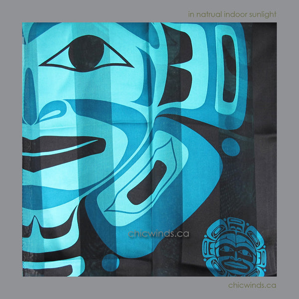 Native Art "Moon Mask" Silk Scarf (Turquoise/Blue)