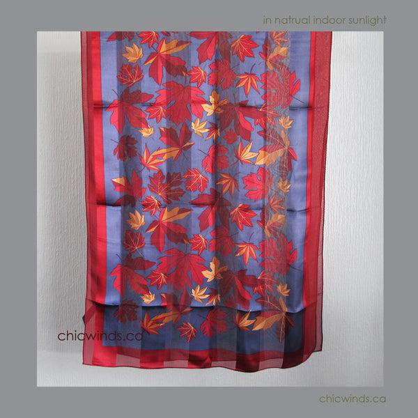 Maple Leaves Silk Scarf ( Red/Navy/Gold)