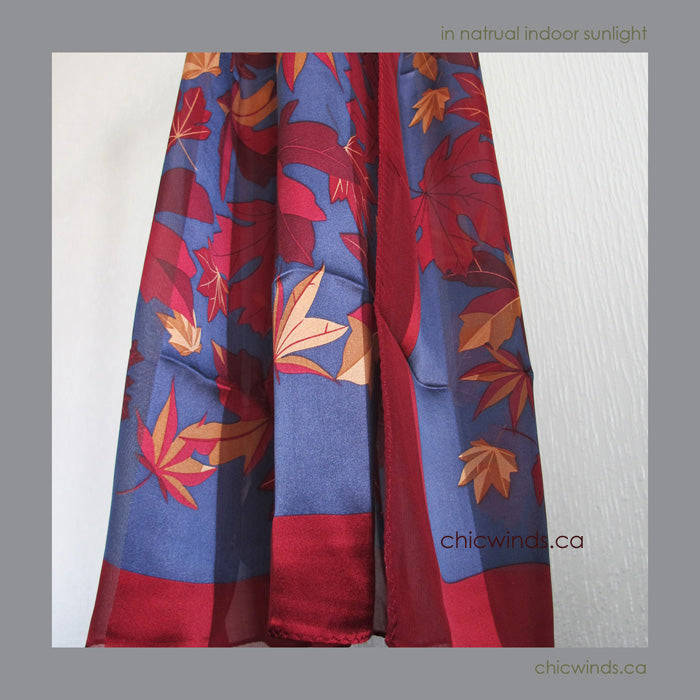 Maple Leaves Silk Scarf ( Red/Navy/Gold)