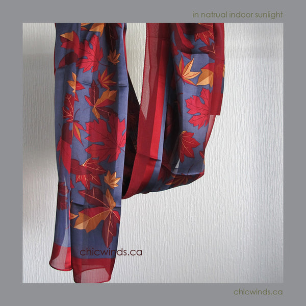 Maple Leaves Silk Scarf ( Red/Navy/Gold)