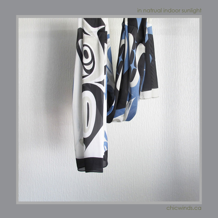 Corrine Hunt Native Art Printed Scarf - Whale (Blue/White)