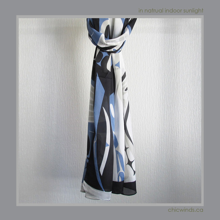Corrine Hunt Native Art Printed Scarf - Whale (Blue/White)
