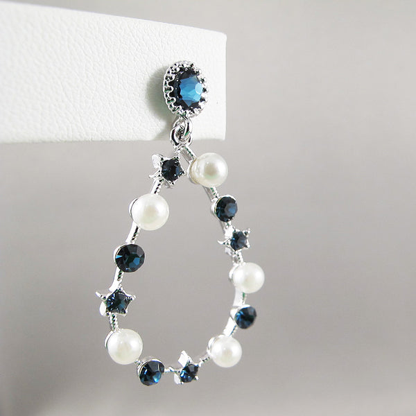 Blue crystal and pearl drop earrings
