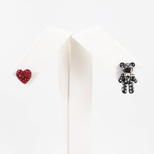 Crystal Red Heart & Bear Stud Earrings