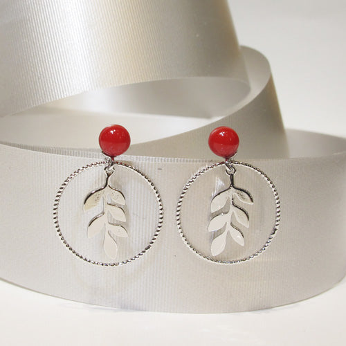Leaf in Circle Stud Drop Earrings
