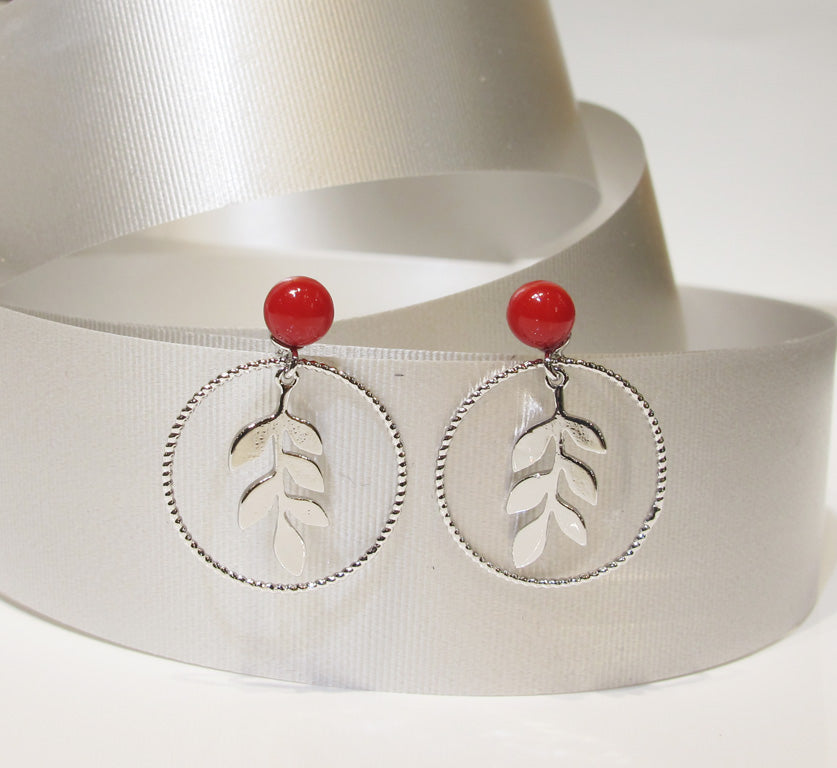Leaf in Circle Stud Drop Earrings