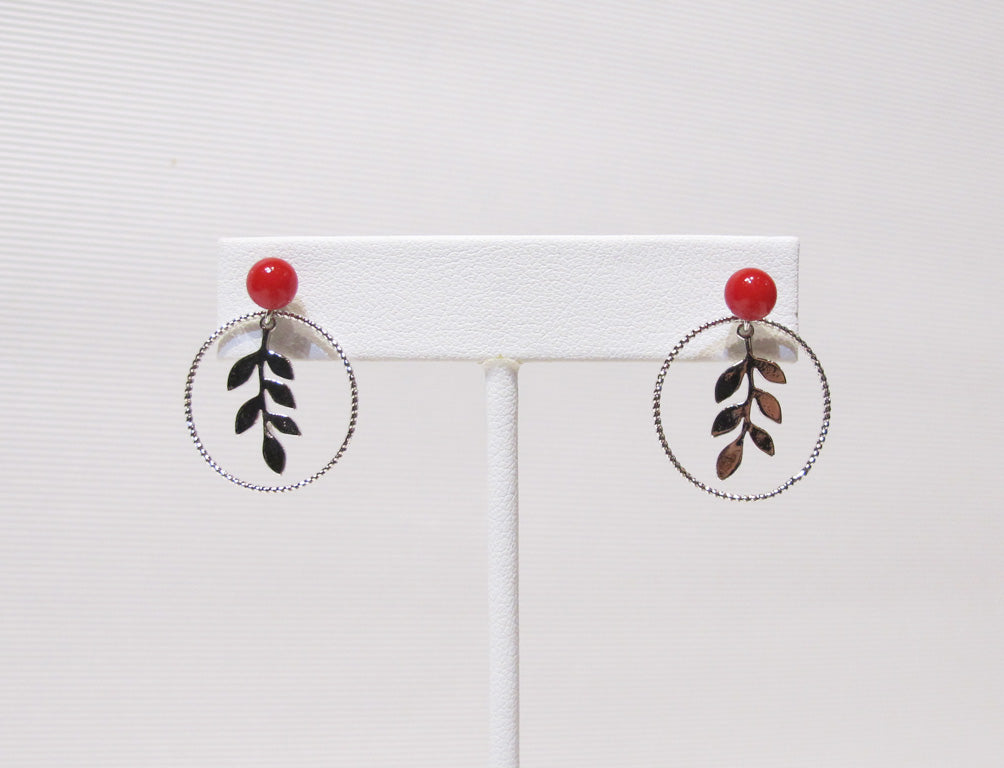 Leaf in Circle Stud Drop Earrings
