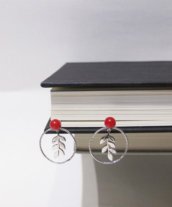 Leaf in Circle Stud Drop Earrings