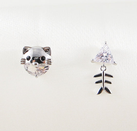 Cat & Fish Crystal Stud Earrings