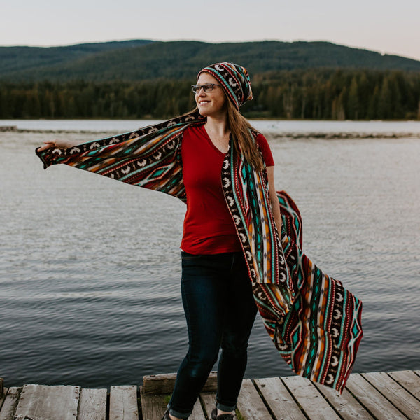 Multi-Use Fleece Cape - Salish Weaving - Spirit of the Sky by Leila Stogan