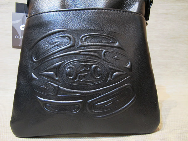 Leather embossed Solo Bag with a Raven Design - Black