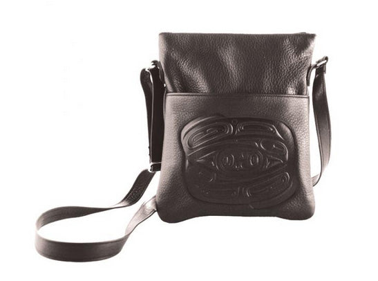 Leather embossed Solo Bag with a Raven Design - Black
