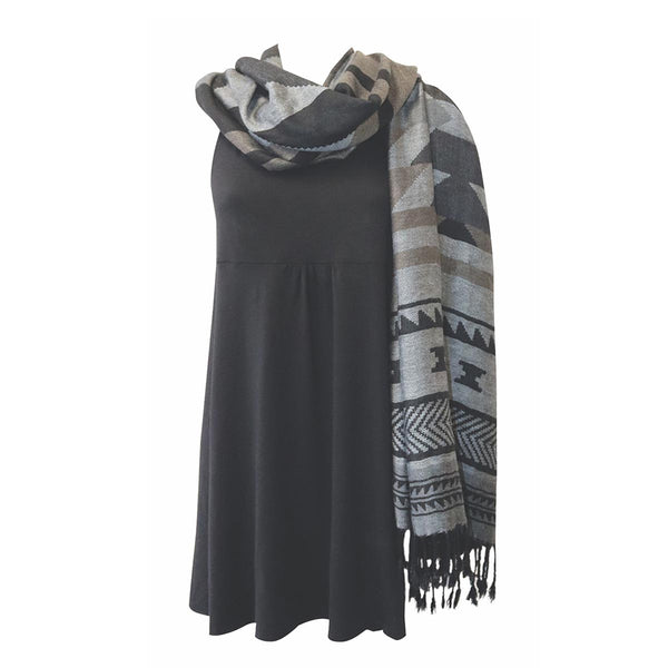 Salish Weaving Scarf/Shawl with Frist Nation Art Design (Black/Gray)