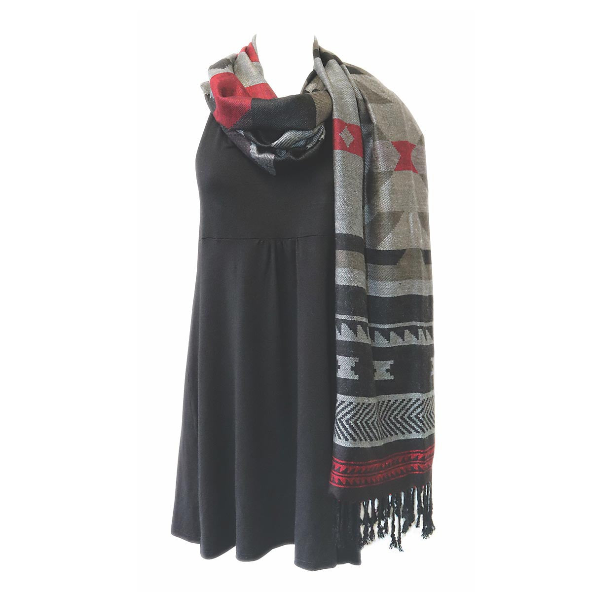 Salish Weaving Shawl with North West Frist Nation Art Design (Black/Red)