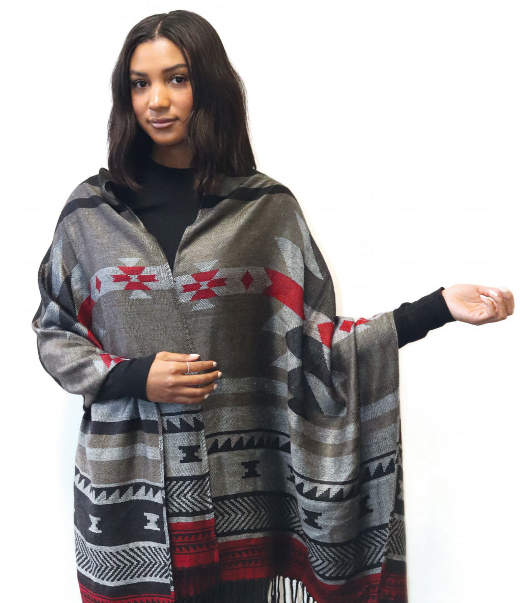 Salish Weaving Shawl with North West Frist Nation Art Design (Black/Red)