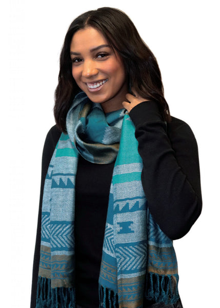 Salish Weaving Shawl with North West Frist Nation Art Design (Teal)