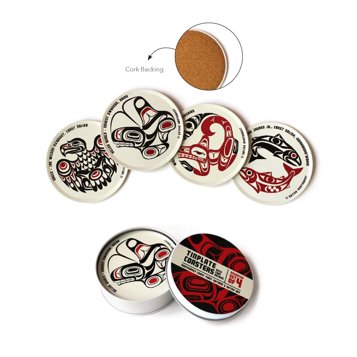 First Nation Art Assorted 4-Piece Tinplate Coaster Set (white)