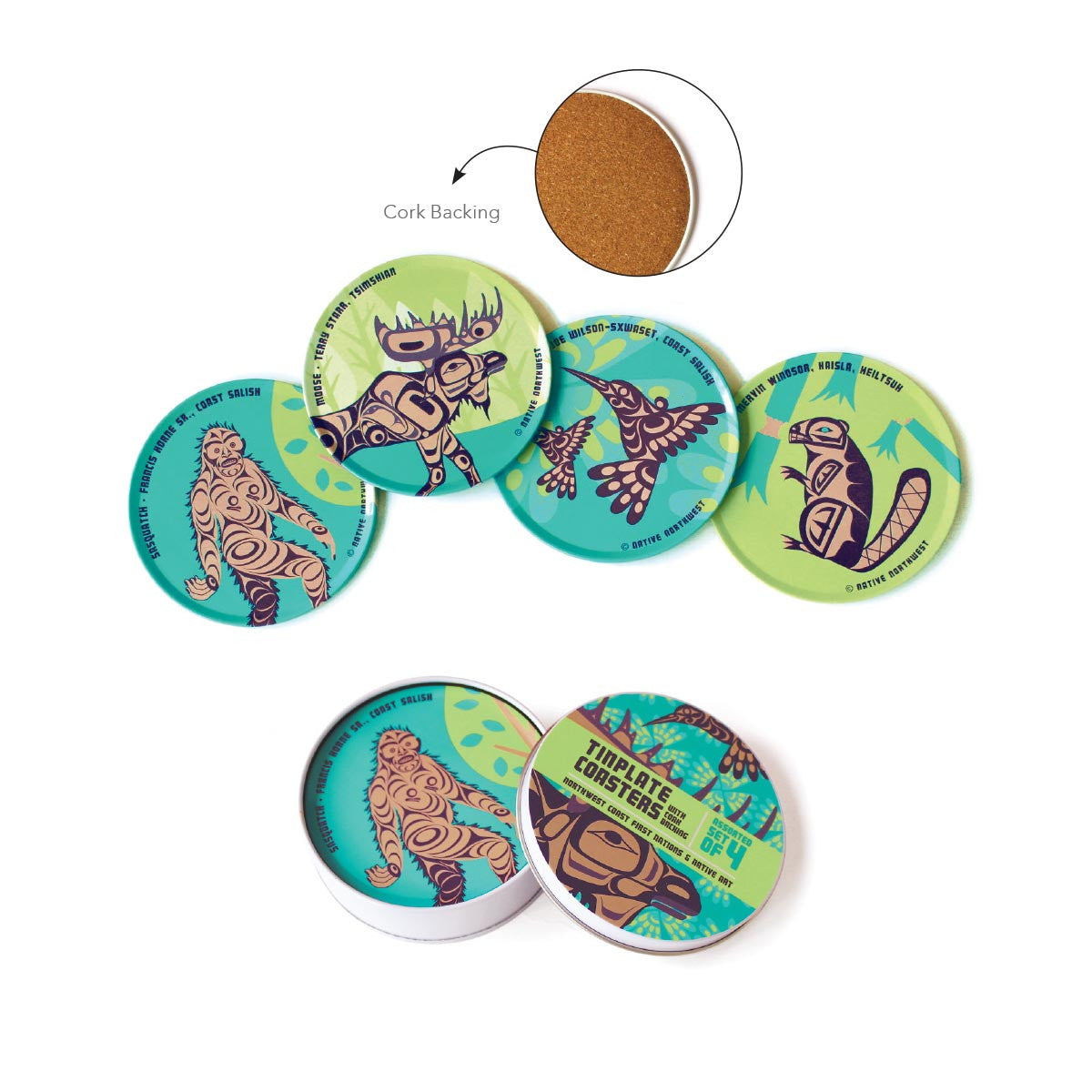 First Nation Art Assorted 4-Piece Tinplate Coaster Set (green)