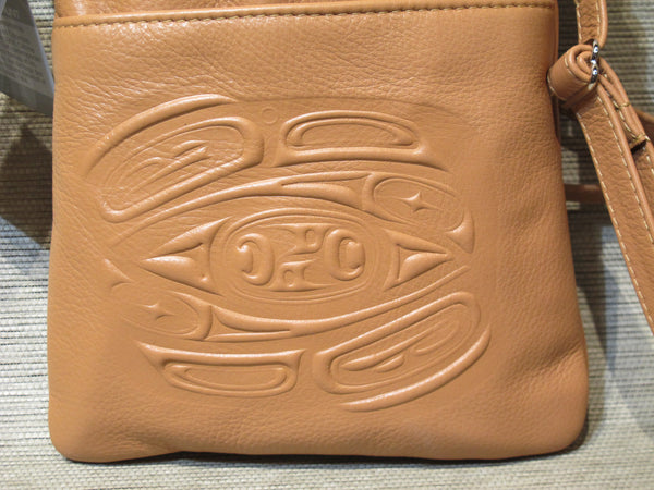Leather embossed Solo Bag with a Raven Design - Saddle, Leather