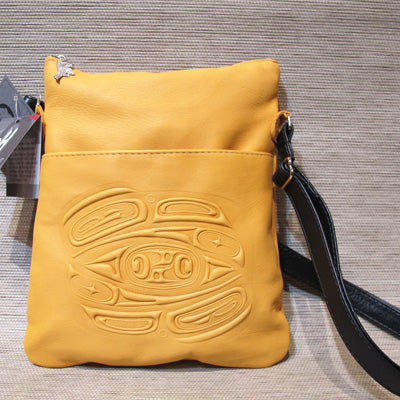 Leather embossed Solo Bag with a Raven Design - Yellow, Deer Skin
